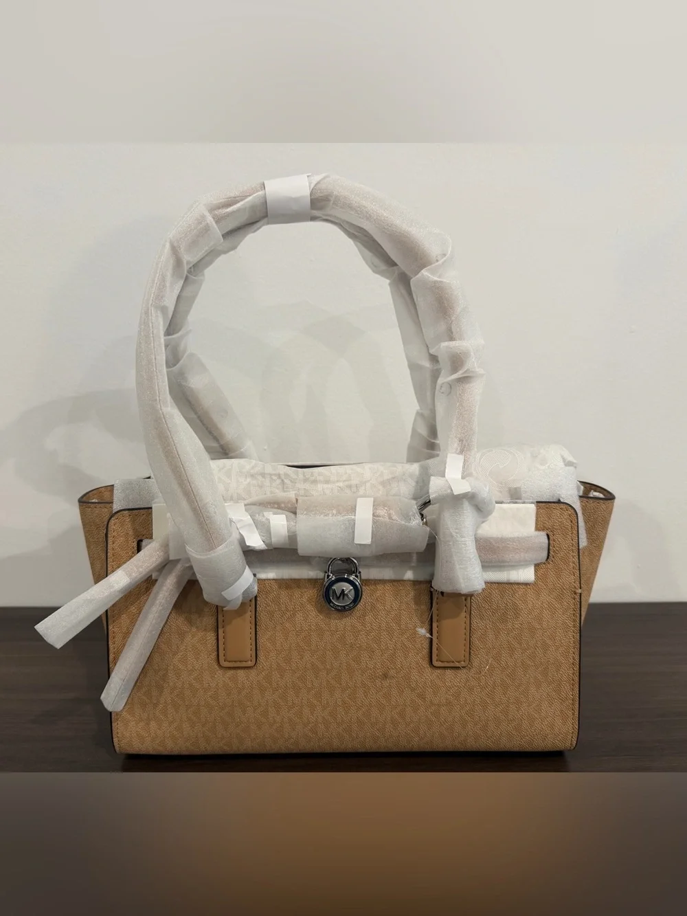 Michael Kors Camel Signature Satchel with Logo Charm
